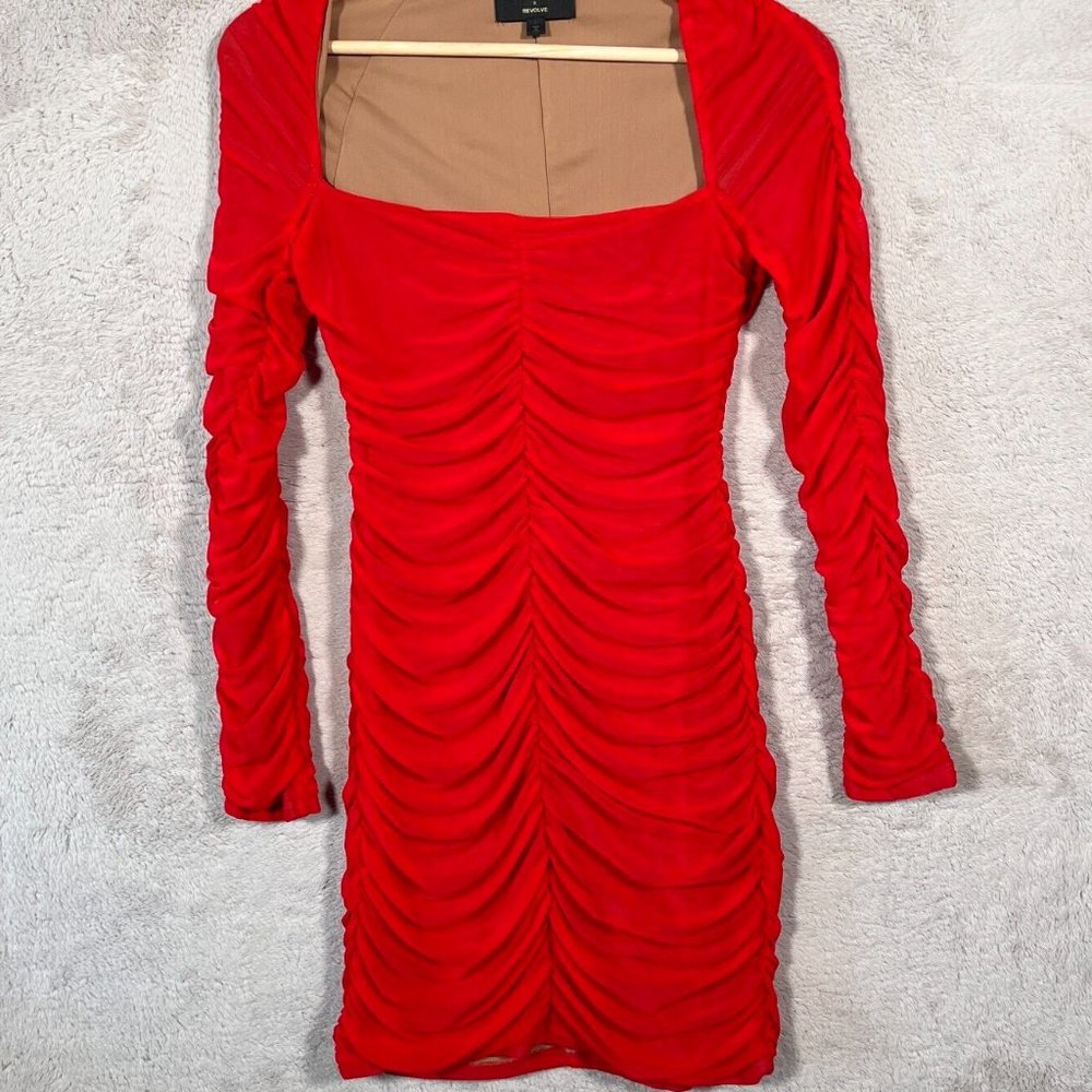 NWT Holiday Party Michael Costello Franky Dress Ruched Red Mini L Square Neck